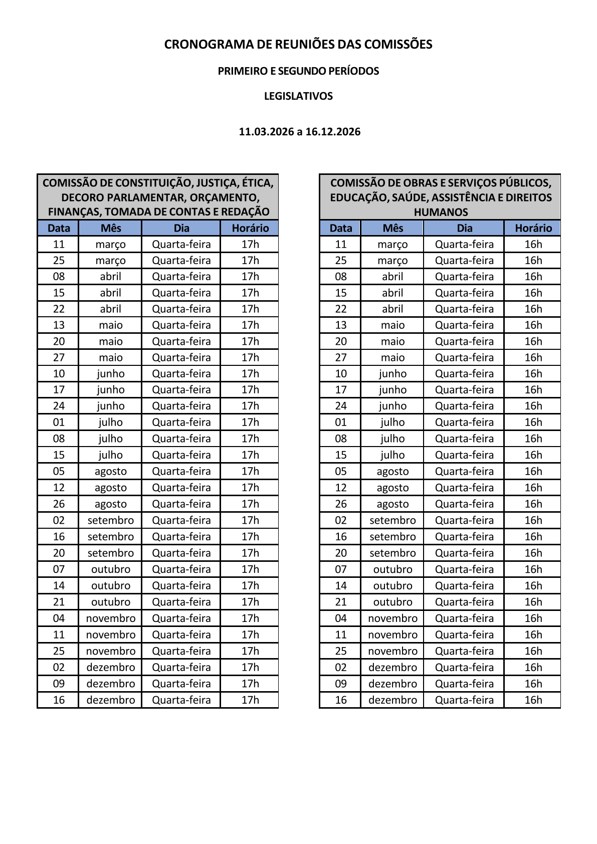 calendario de reuniões das comissões
